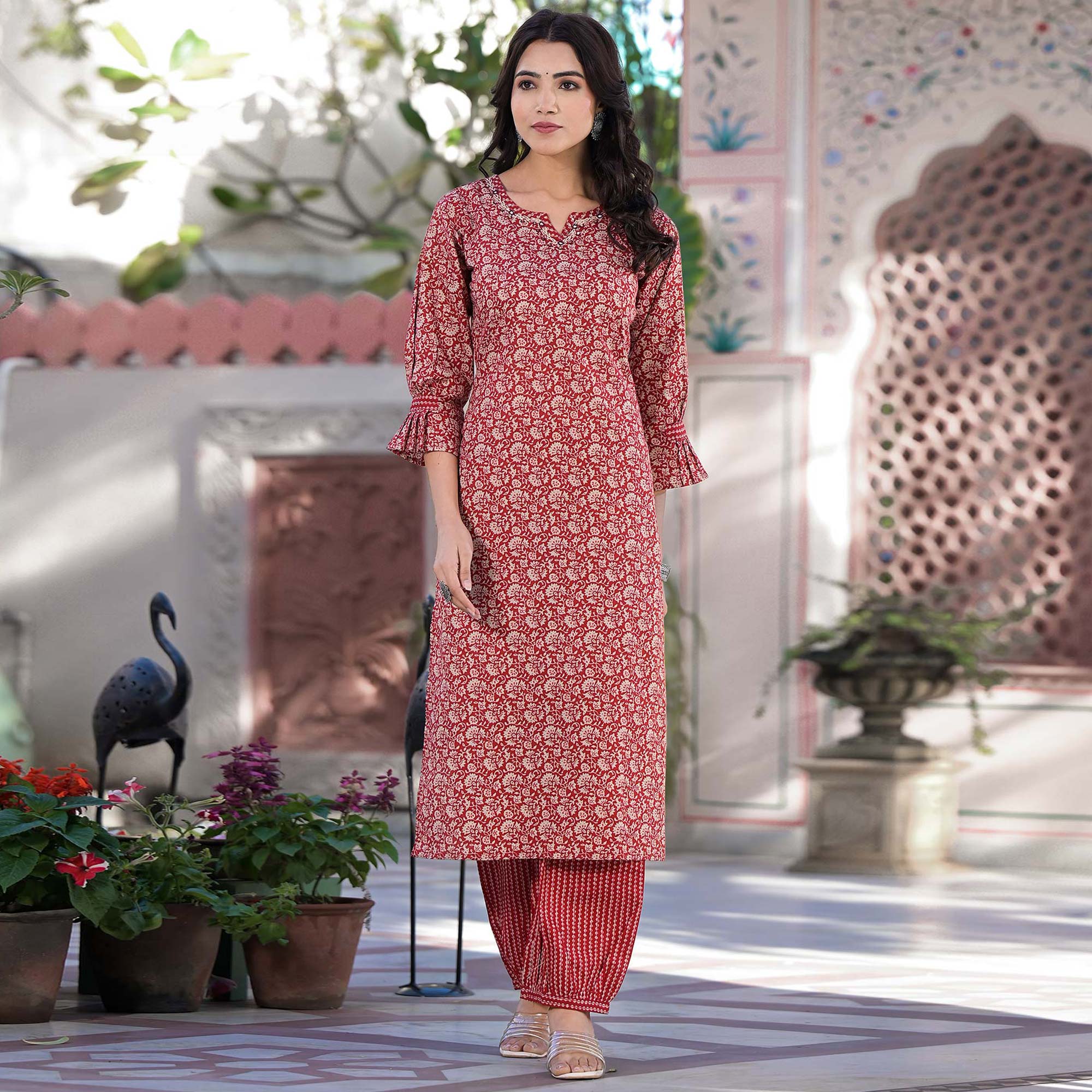 Red Floral Printed Pure Cotton Kurti
