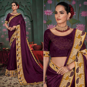 Wine Solid With Embroidered Border Modal Saree