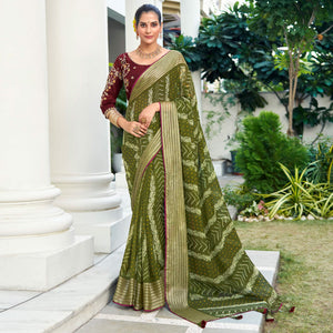 Green Bandhani Printed Chiffon Saree With Tassels