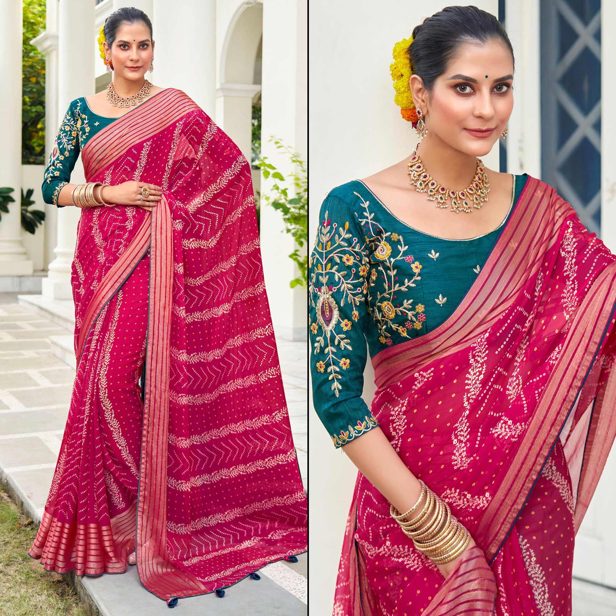 Pink Bandhani Printed Chiffon Saree With Tassels