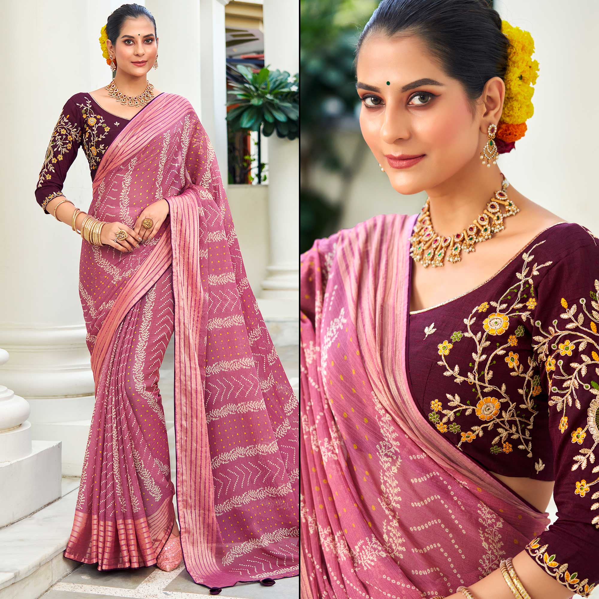 Onion Pink Bandhani Printed Chiffon Saree With Tassels