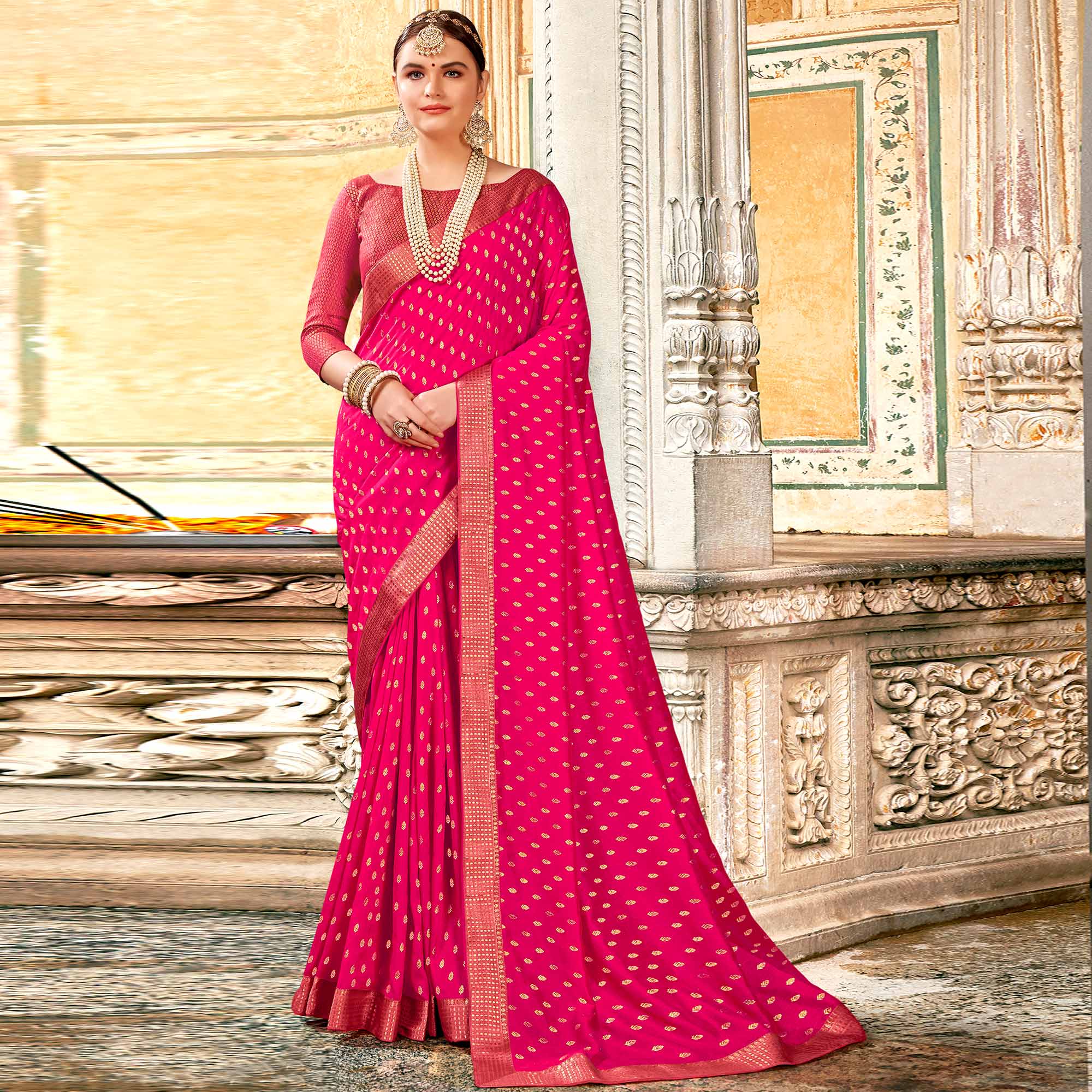 Pink Foil Printed Vichitra Silk Saree