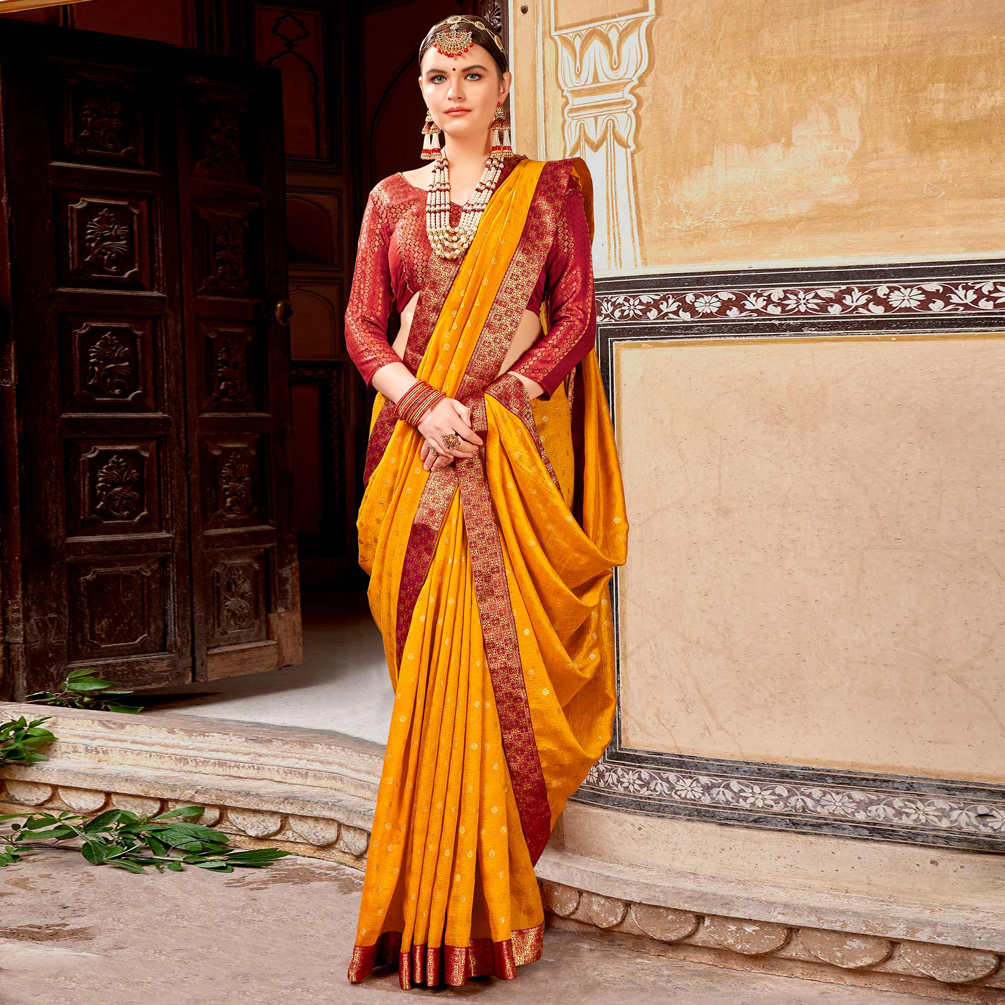Mustard Foil Printed Vichitra Silk Saree