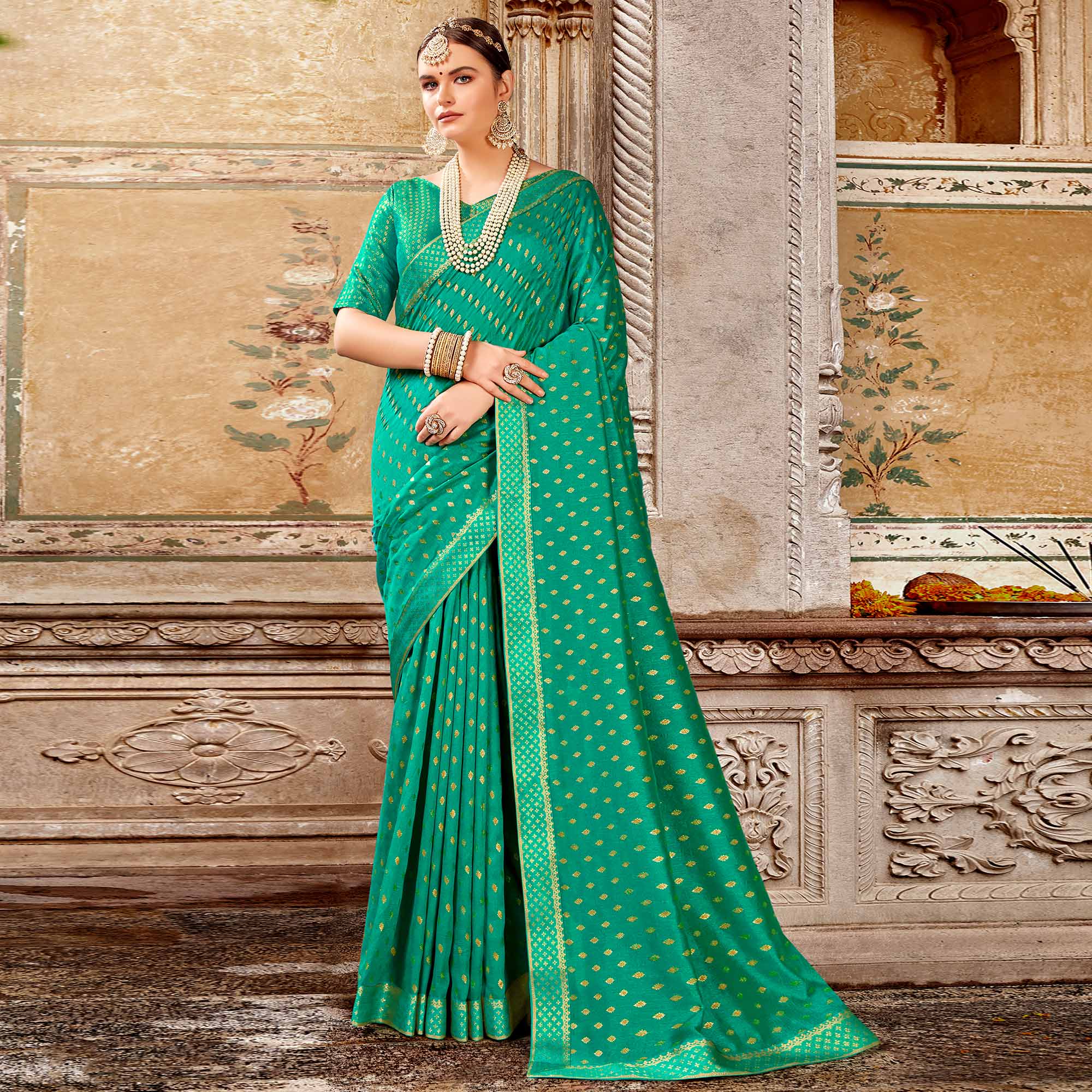 Turquoise Foil Printed Vichitra Silk Saree