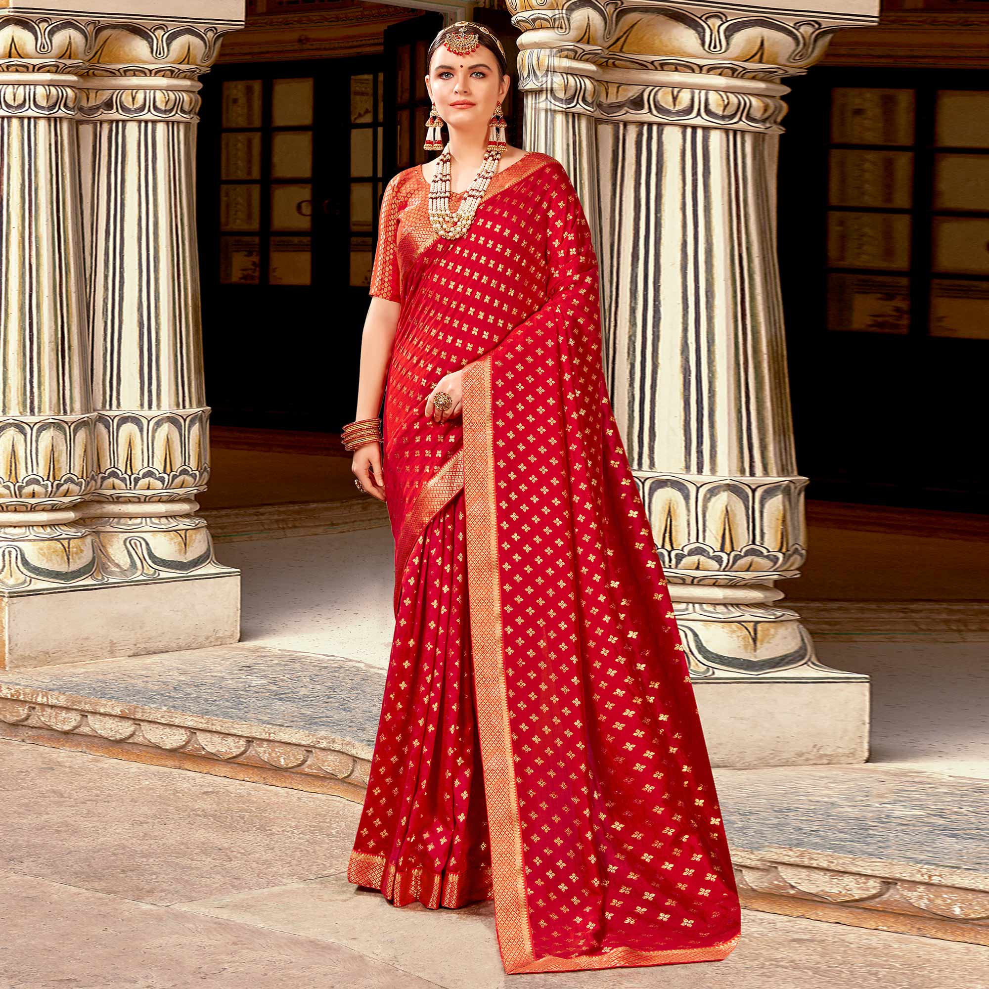 Red Foil Printed Vichitra Silk Saree
