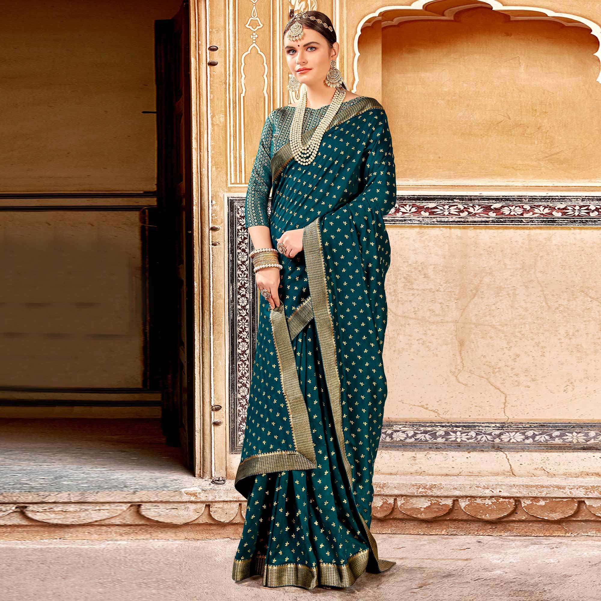 Teal Foil Printed Vichitra Silk Saree
