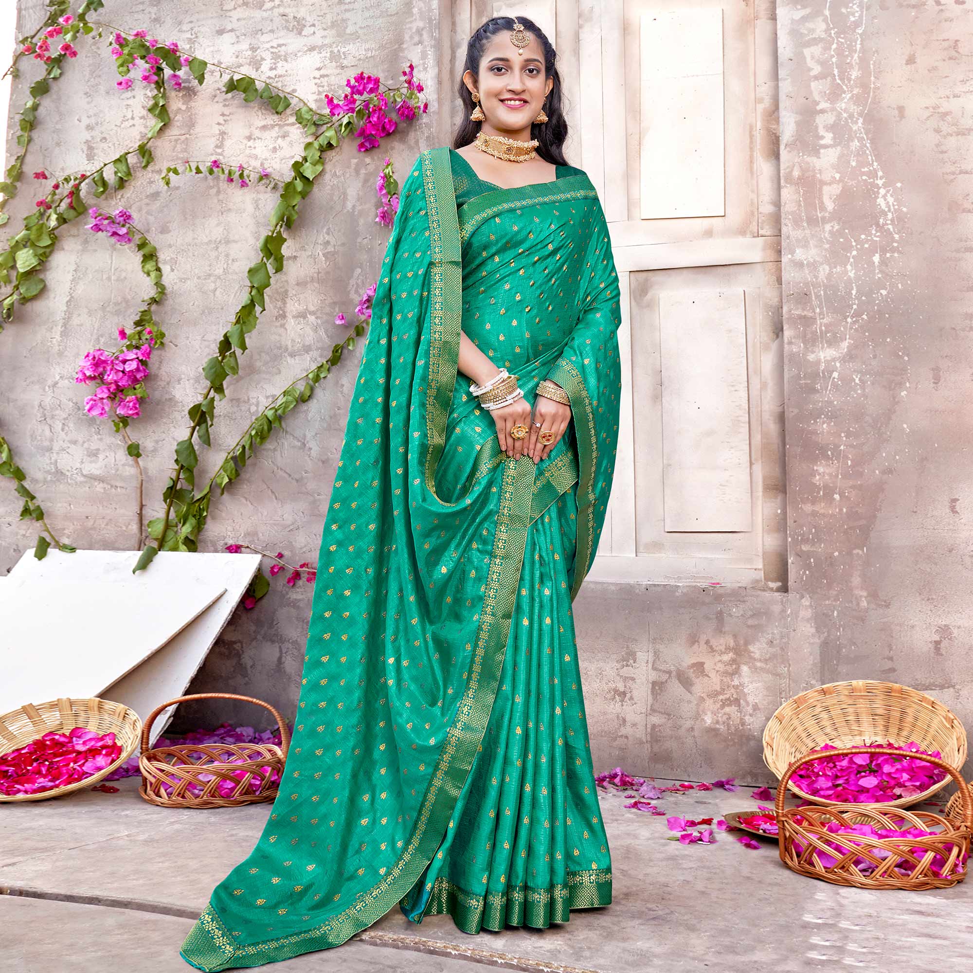 Rama Green Floral Foil Printed Vichitra Silk Saree