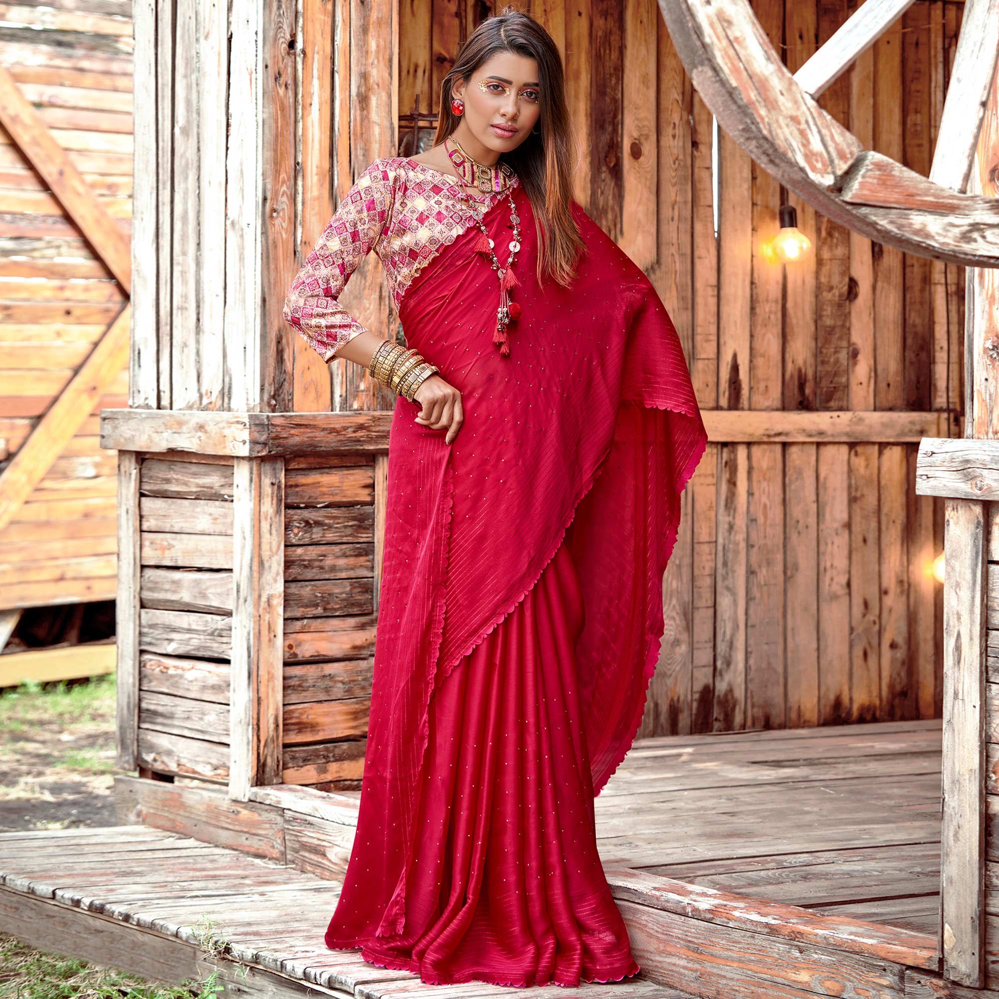 Rani Pink Swarovski Work Solid Chiffon Saree