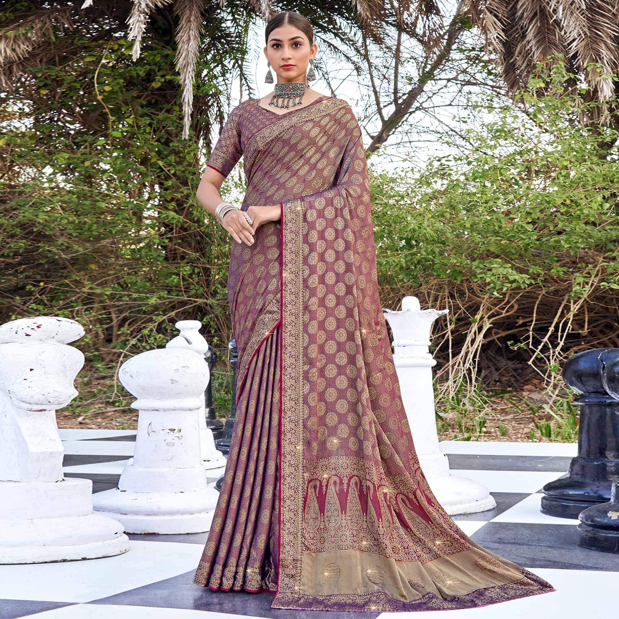 Purple Woven With Swarovski Work Pure Silk Saree