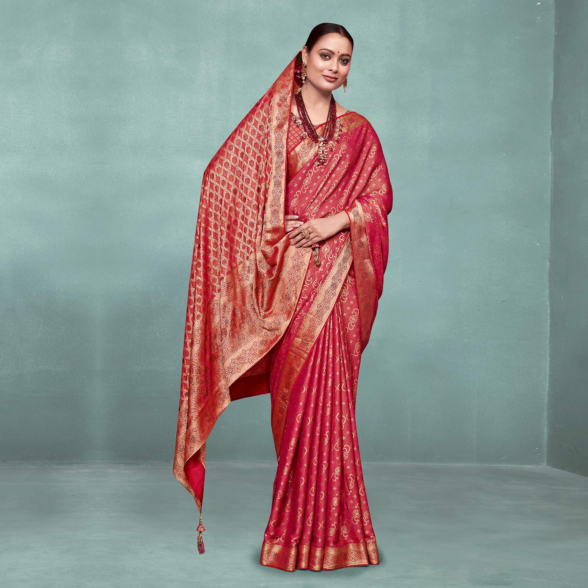 Pink Woven With Swarovski Work Pure Silk Saree