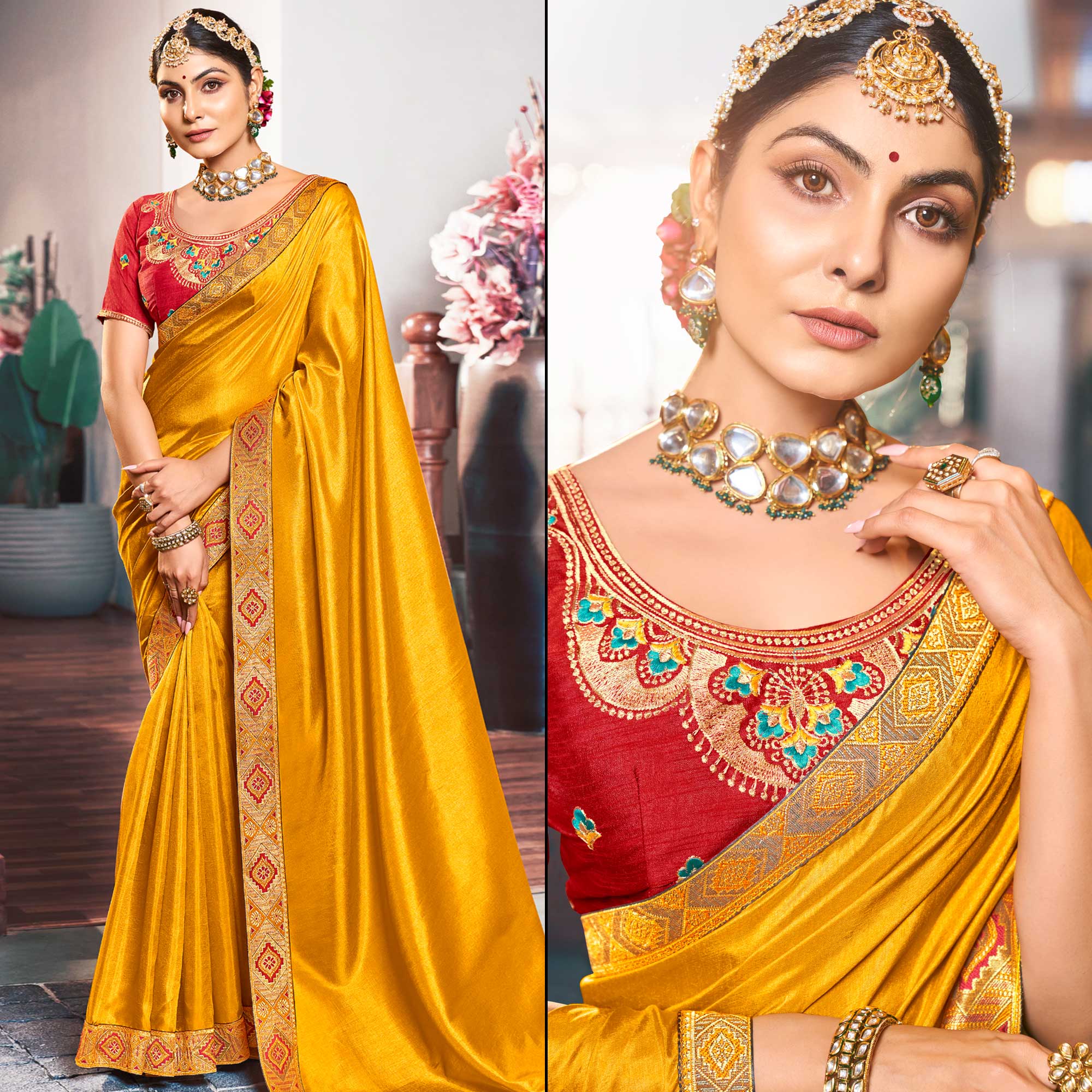 Yellow Solid Vichitra Silk With Zari Lace Border