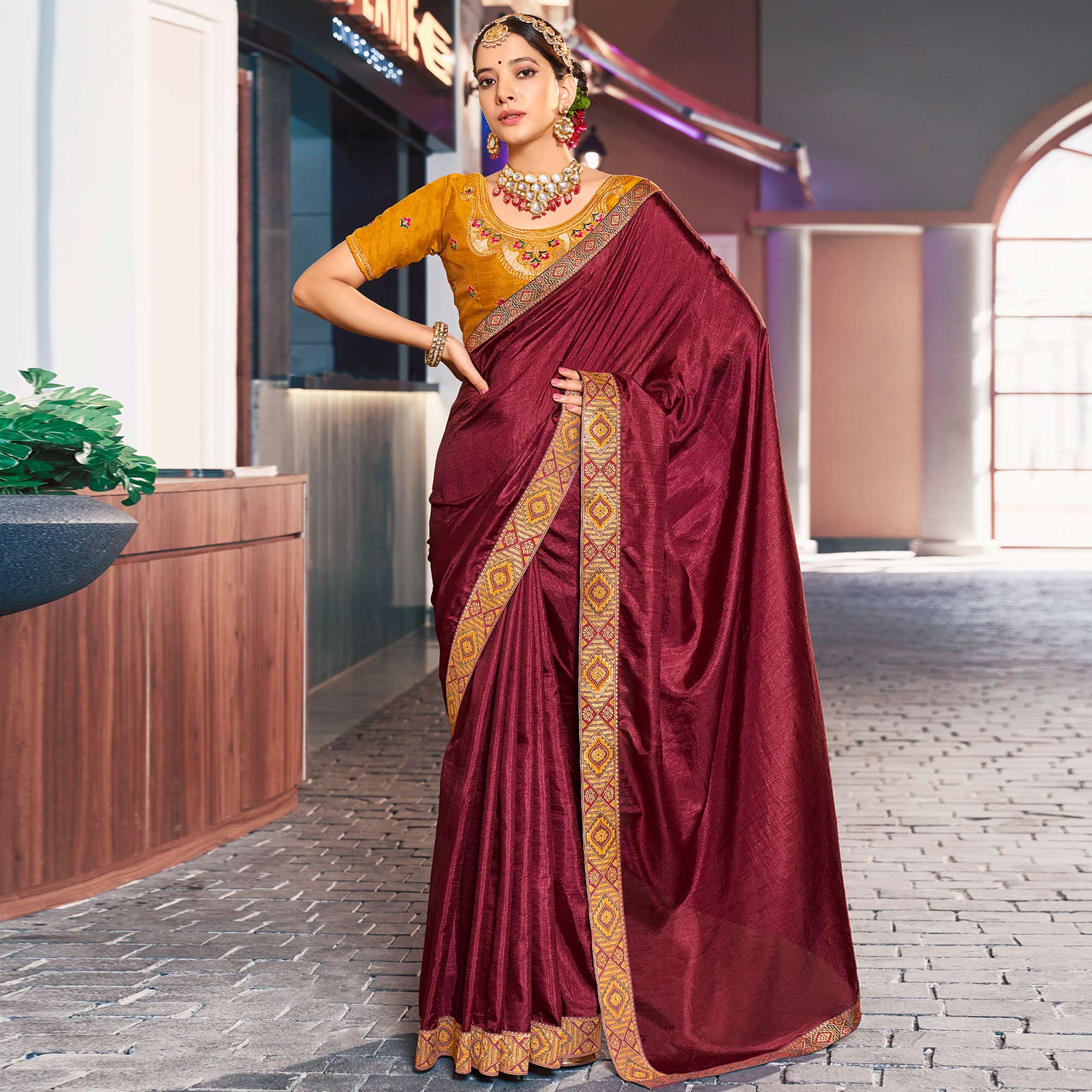 Maroon Solid Vichitra Silk With Zari Lace Border