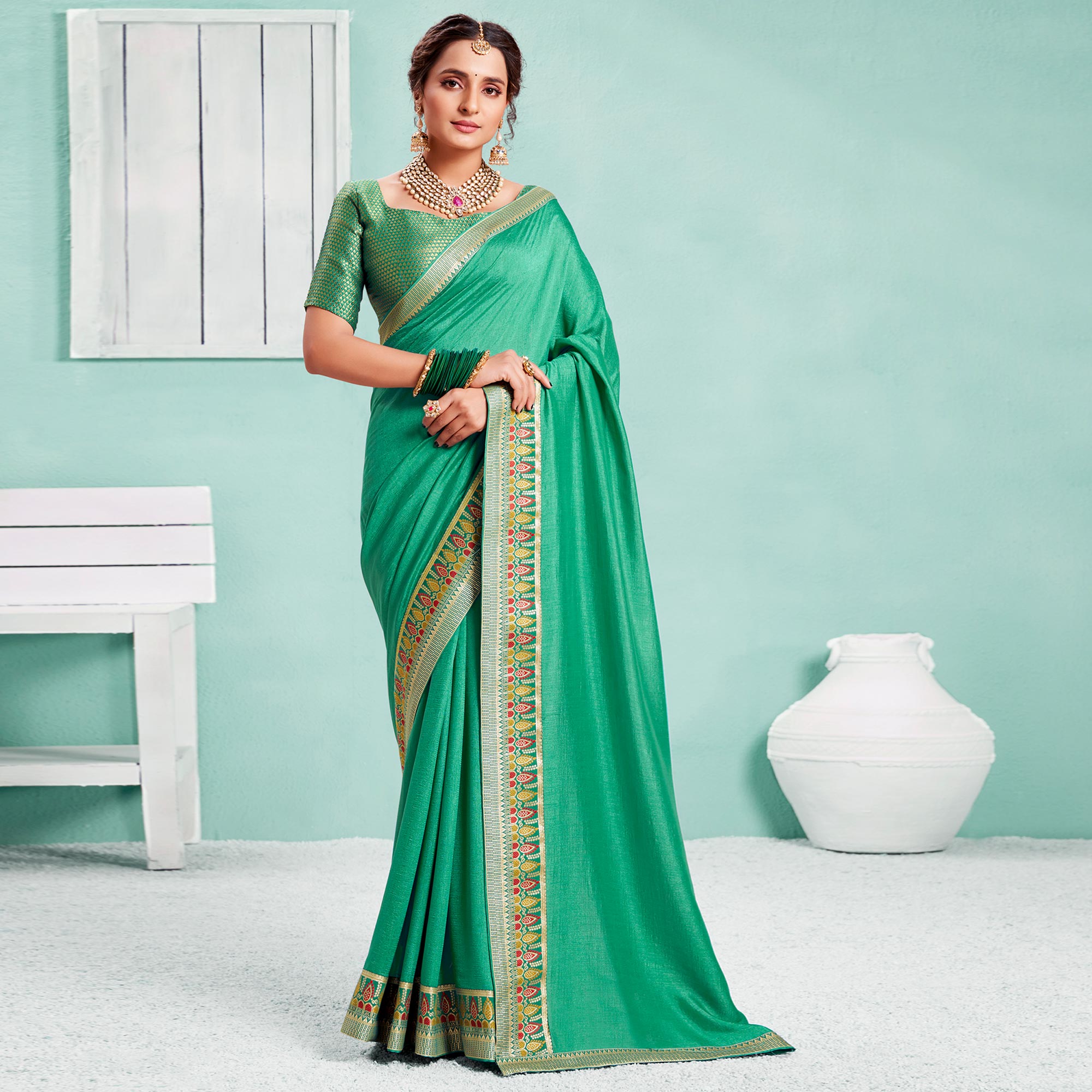 Rama Green Solid Vichitra Silk Saree With Zari Border
