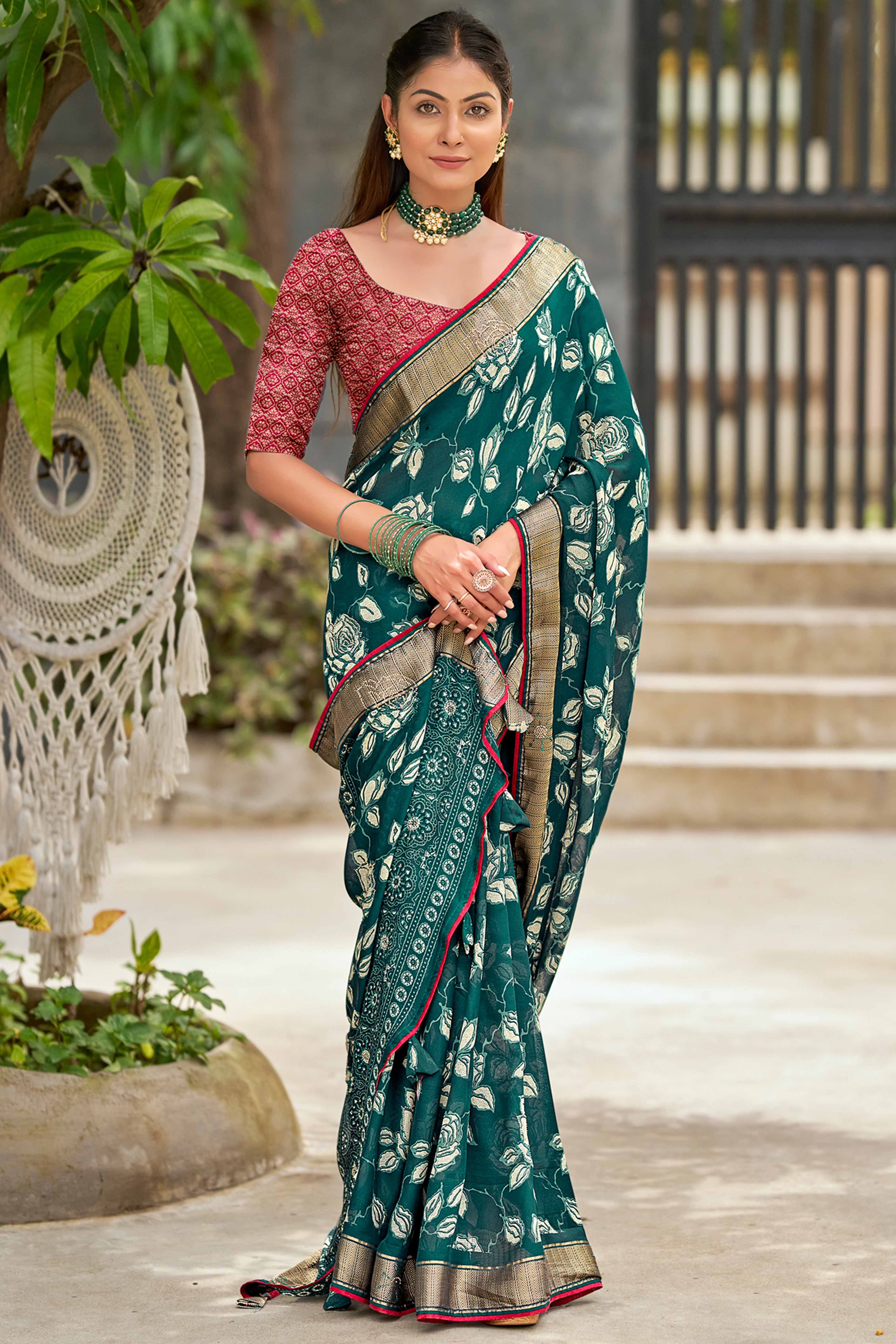 Morpich Green Moss Crepe Saree with Elegant Floral Prints