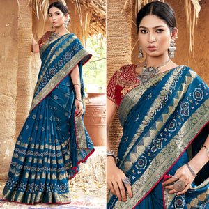 Blue Bandhani Printed Pure Silk Saree