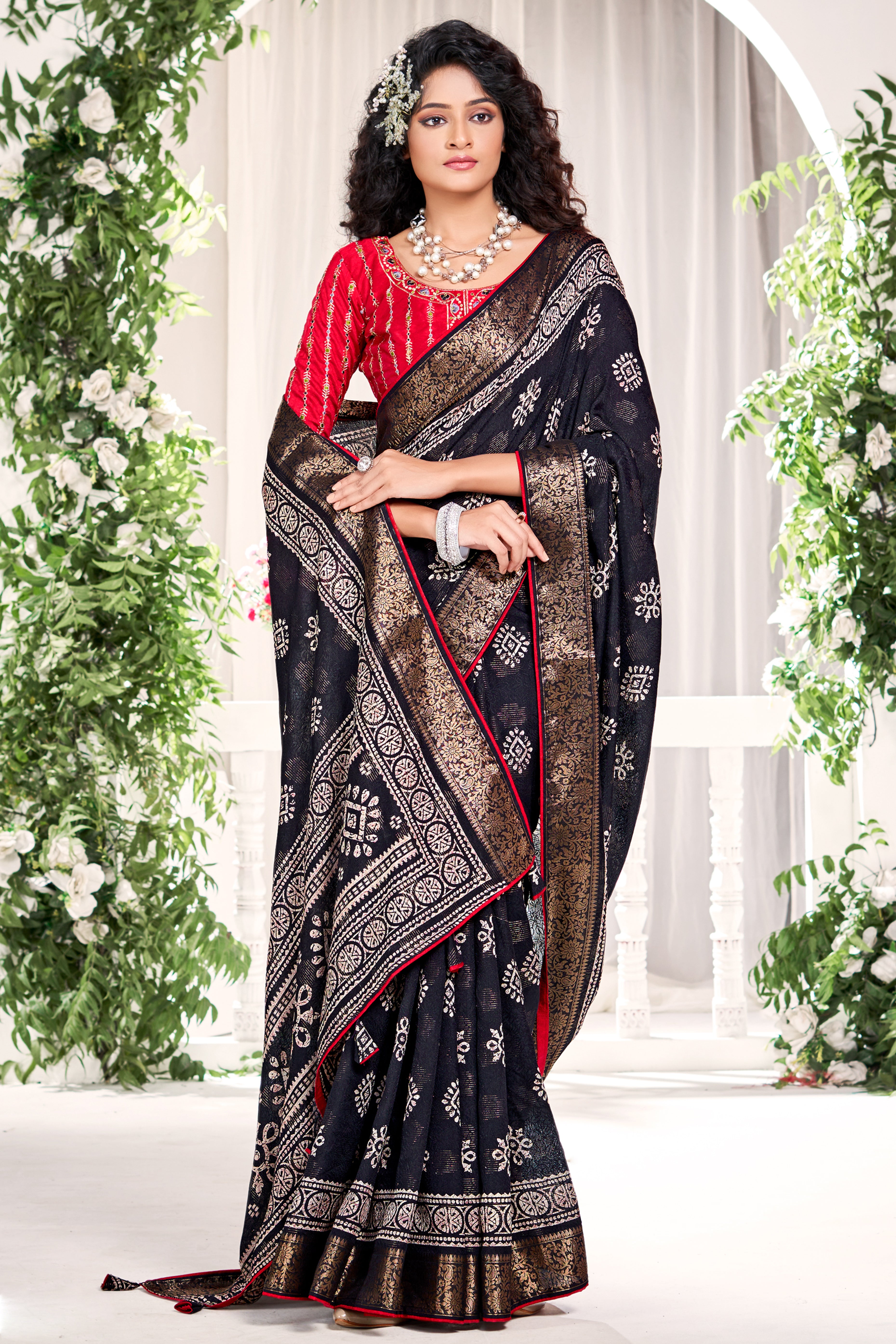 Black Floral Printed Saree in Jacquard Weave with Zari Detailing