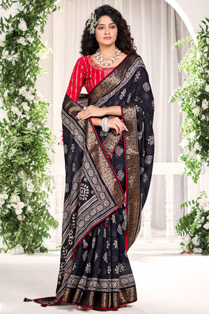 Black Floral Printed Saree in Jacquard Weave with Zari Detailing