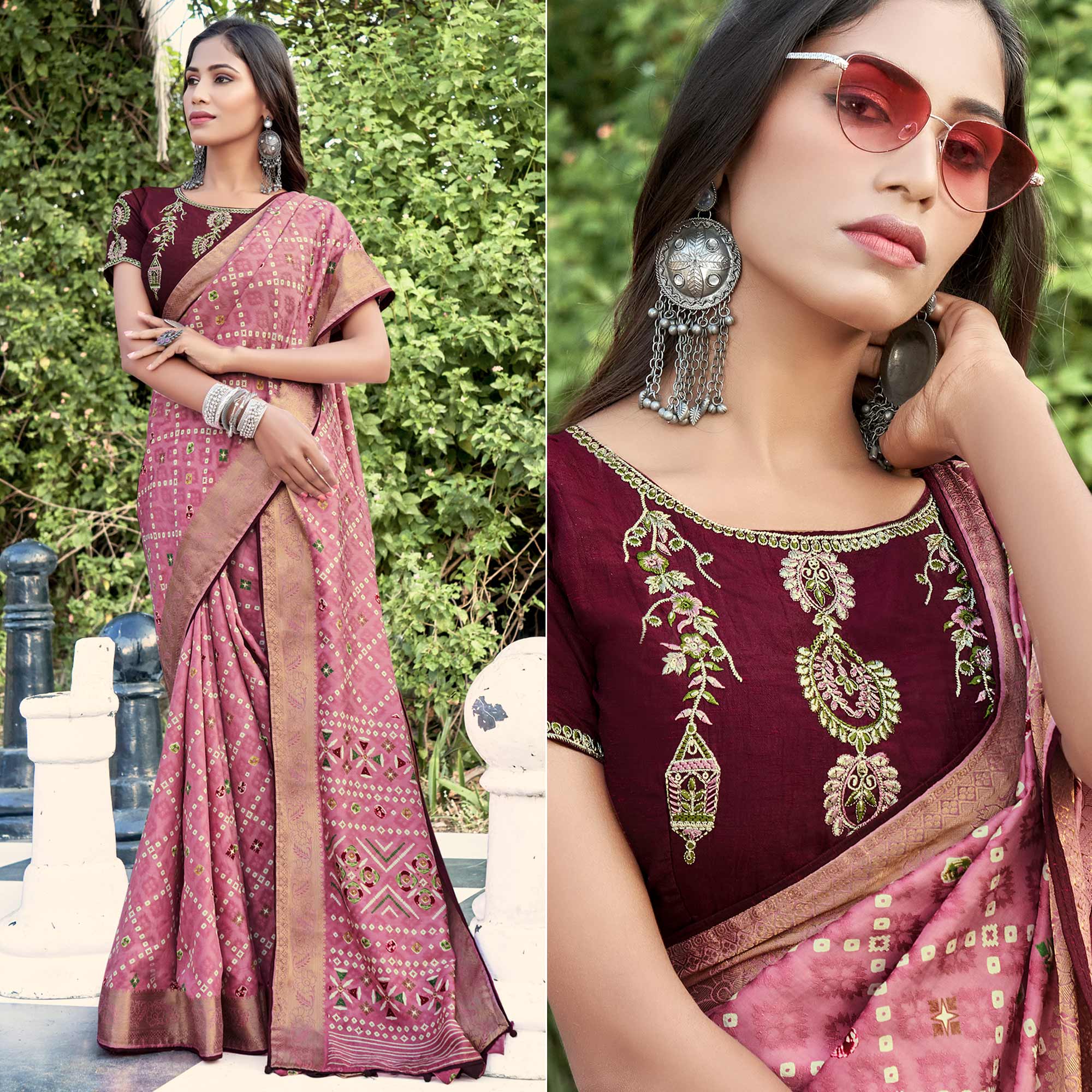 Pink Bandhani Printed Dola Silk Saree