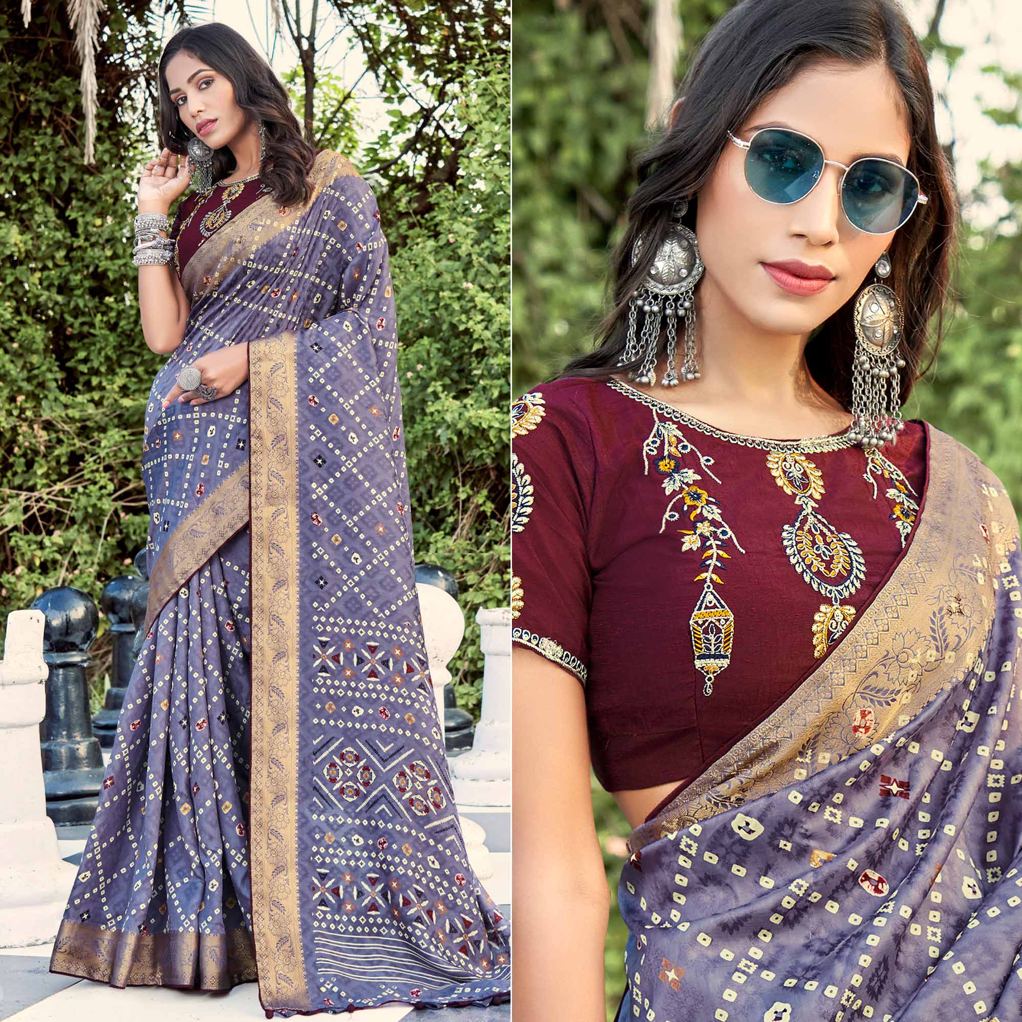 Purple Bandhani Printed Dola Silk Saree