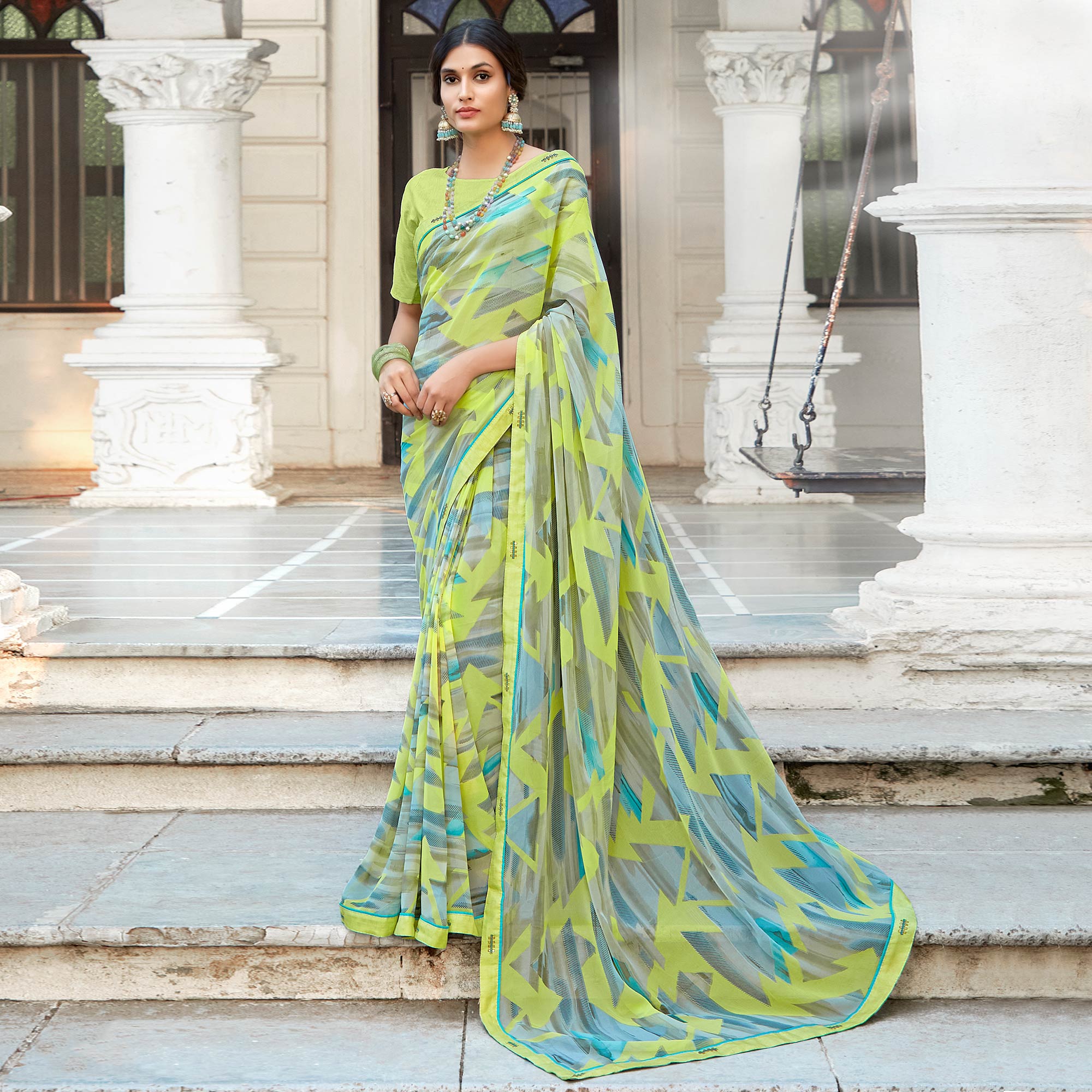 Green Geometric Printed Georgette Saree With Lace Border
