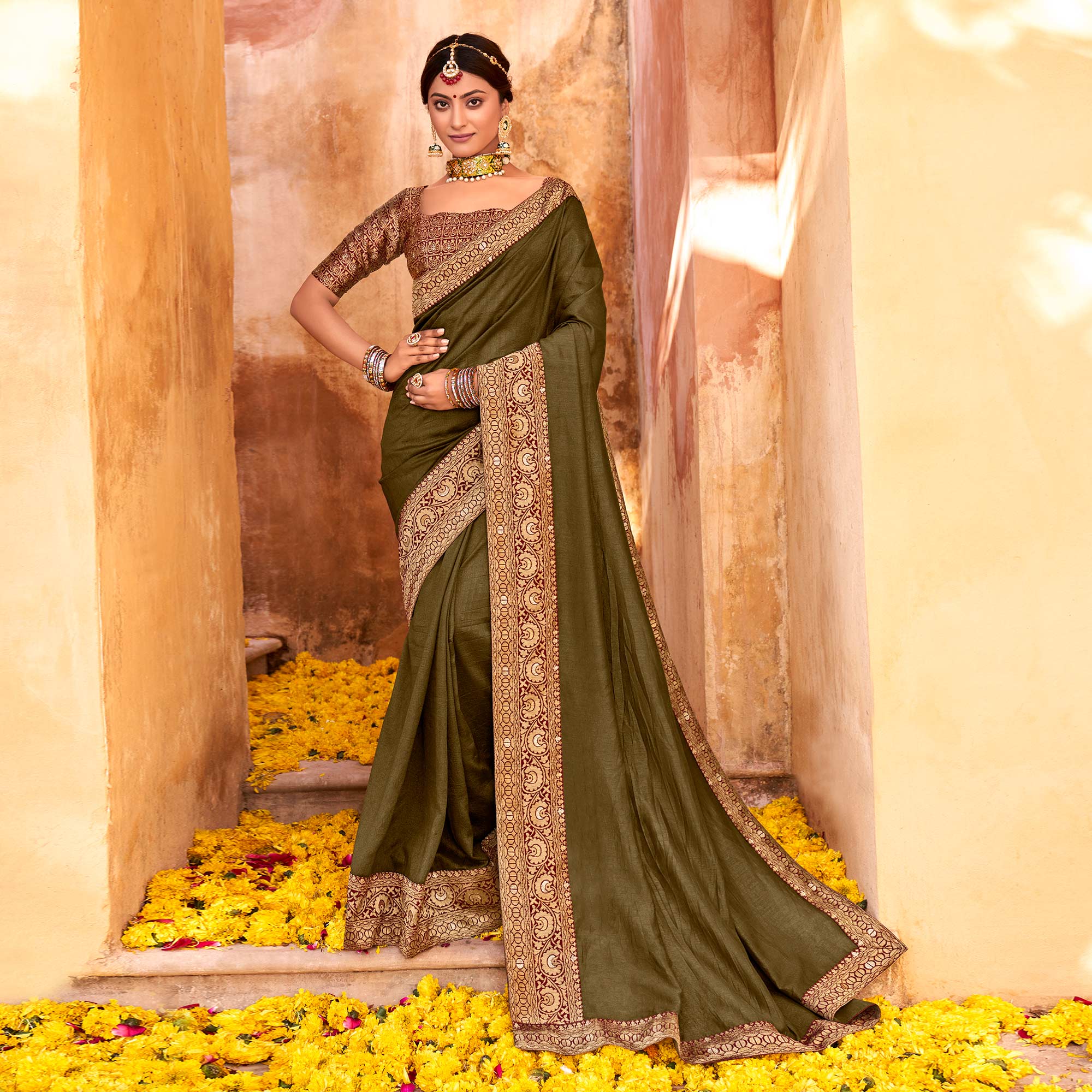 Olive Solid With Jacquard Border Vichitra Silk Saree