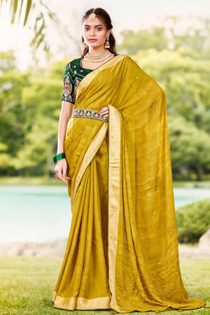 Olive Crepe Saree with Exquisite Stone Work and Viscose Border Finish