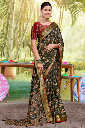 Mehendi Green Floral Printed Saree in Jacquard Weave with Zari Detailing