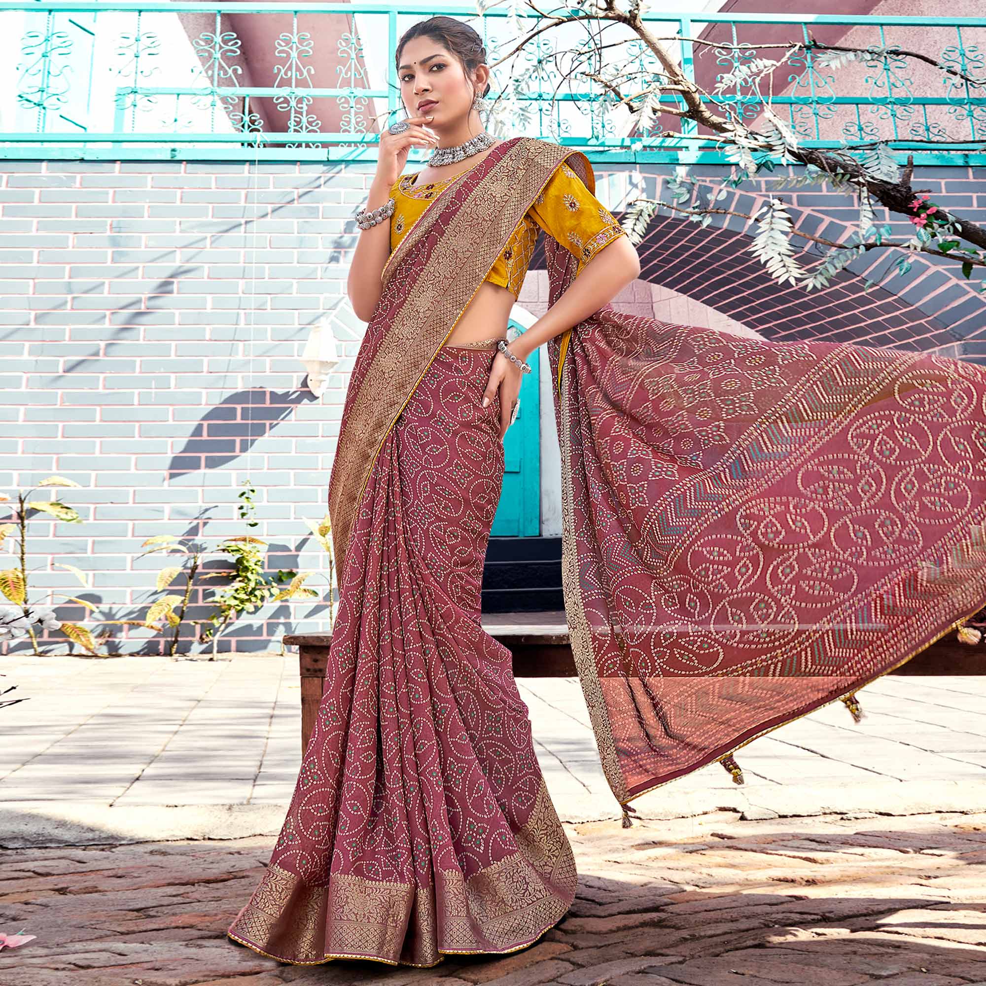 Mauve Bandhani Printed Georgette Saree