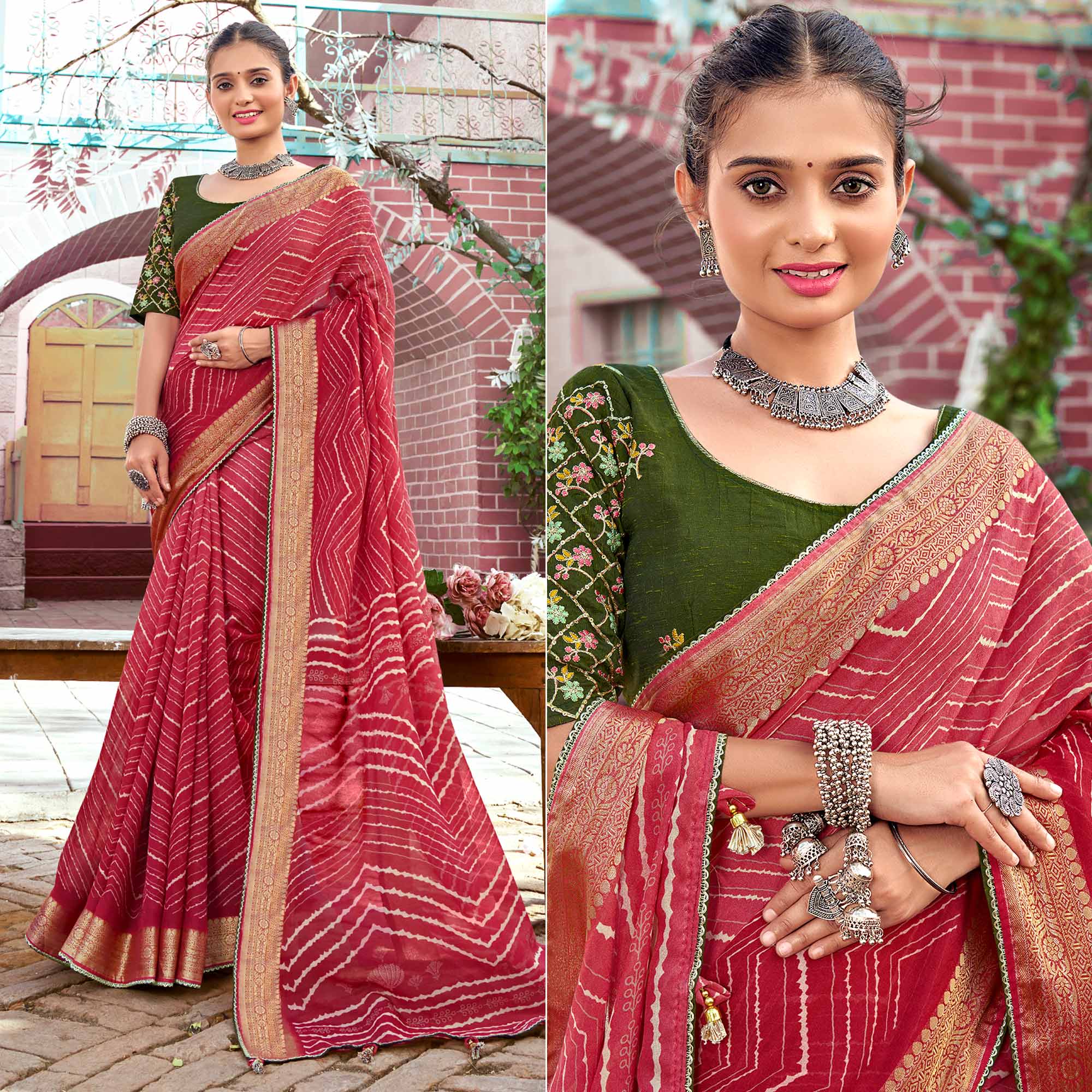 Pink Leheriya Printed Georgette Saree With Jacquard Border
