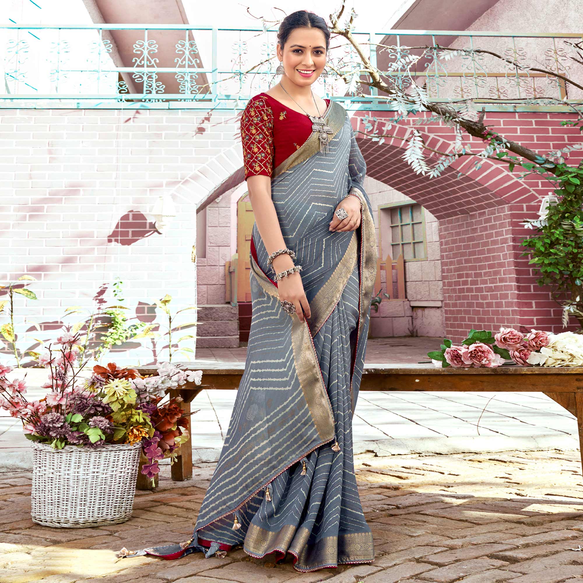 Grey Leheriya Printed Georgette Saree With Jacquard Border
