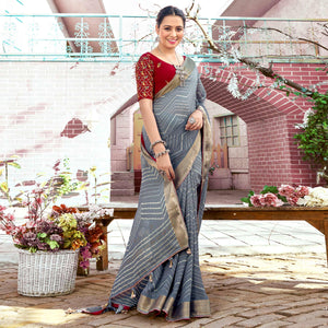 Grey Leheriya Printed Georgette Saree With Jacquard Border
