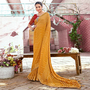 Mustard Leheriya Printed Georgette Saree With Jacquard Border