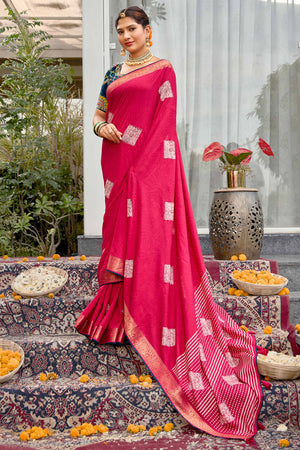 Pink Silk Blend Saree with Printed Detailing and Stone Work Accents