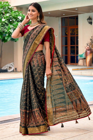 Grey Woven Moss Jacquard Crepe Saree with Printed Patterns