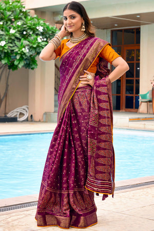 Sophisticated Wine Printed Saree in Woven Moss Jacquard Crepe Fabric
