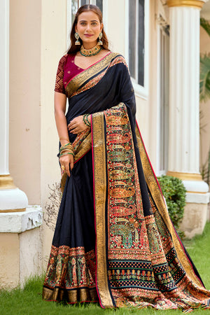 Black Silk Blend Saree with Paisley Prints and Swarovski Embellishments