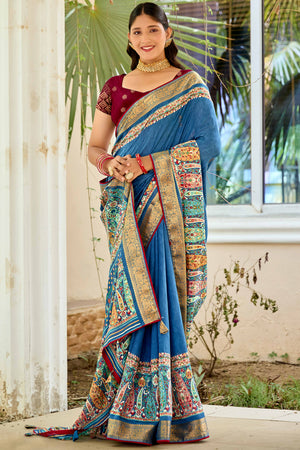 Blue Silk Blend Saree with Paisley Prints and Swarovski Embellishments