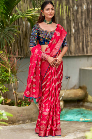Rani Pink Geometric Pattern Dola Silk Saree with Swarovski Detailing