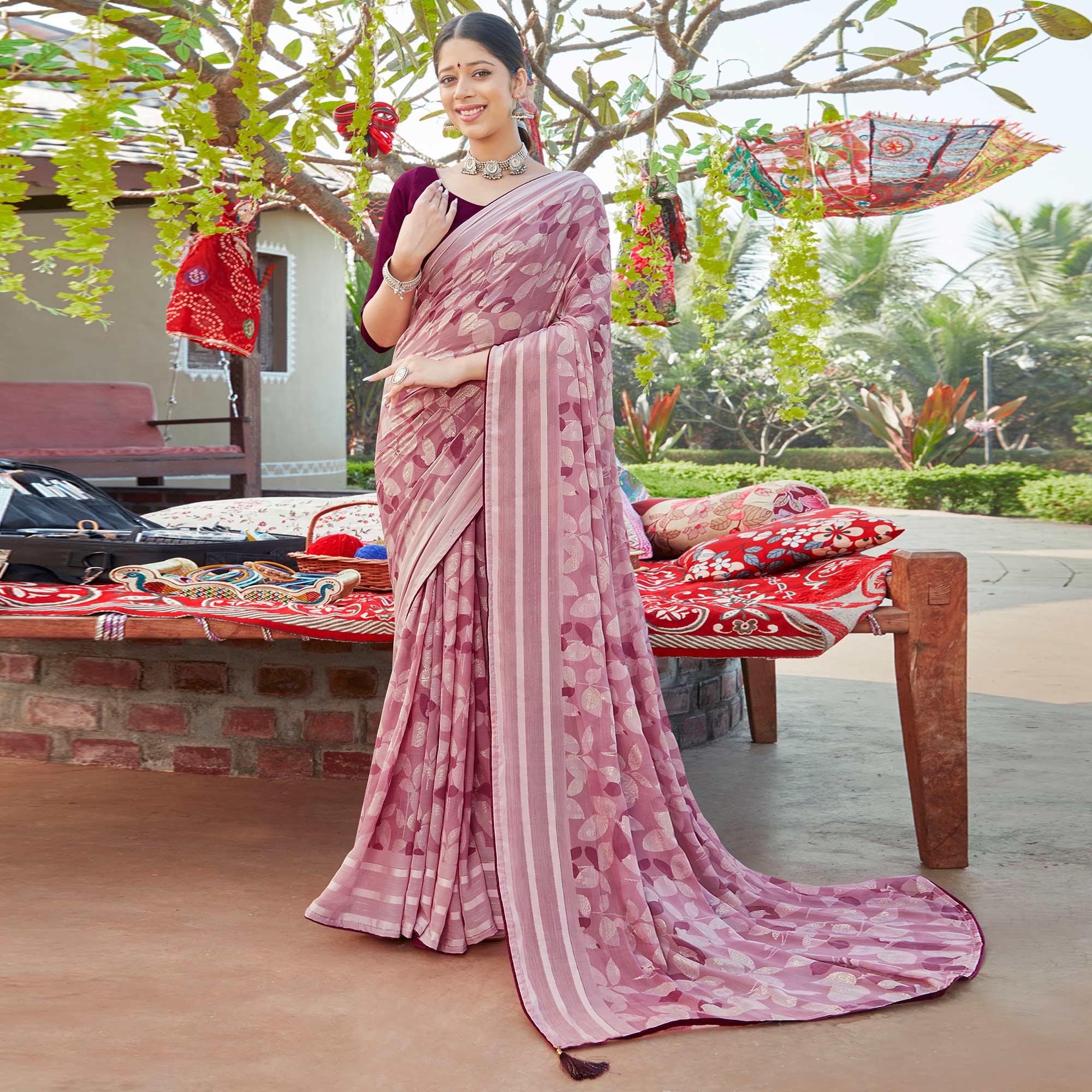 Onion Pink Foil Printed Chiffon Saree With Tassels