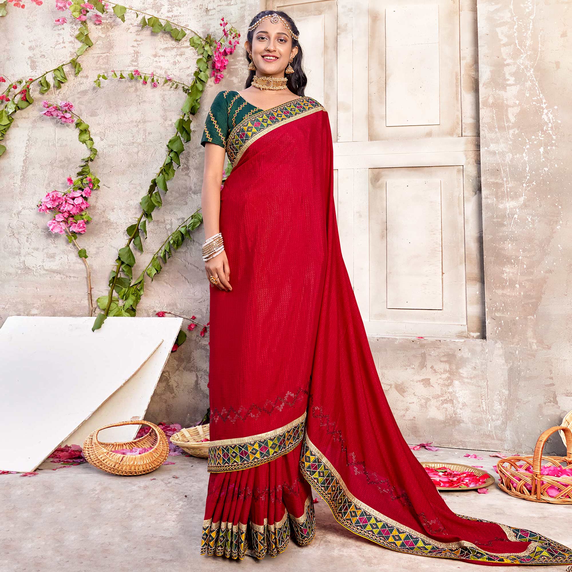 Red Embroidered Chinon Saree With Swarovski Work