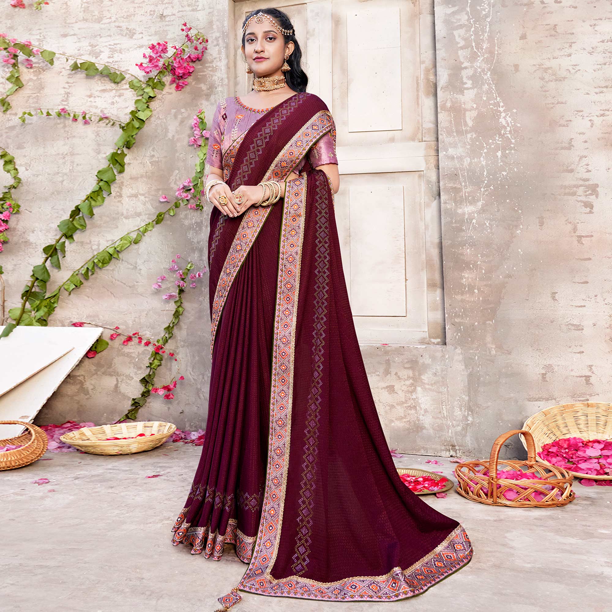 Wine Embroidered Chinon Saree With Swarovski Work