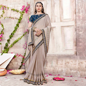 Beige Embroidered Chinon Saree With Swarovski Work