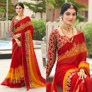 Red & Yellow Foil Printed Chiffon Saree
