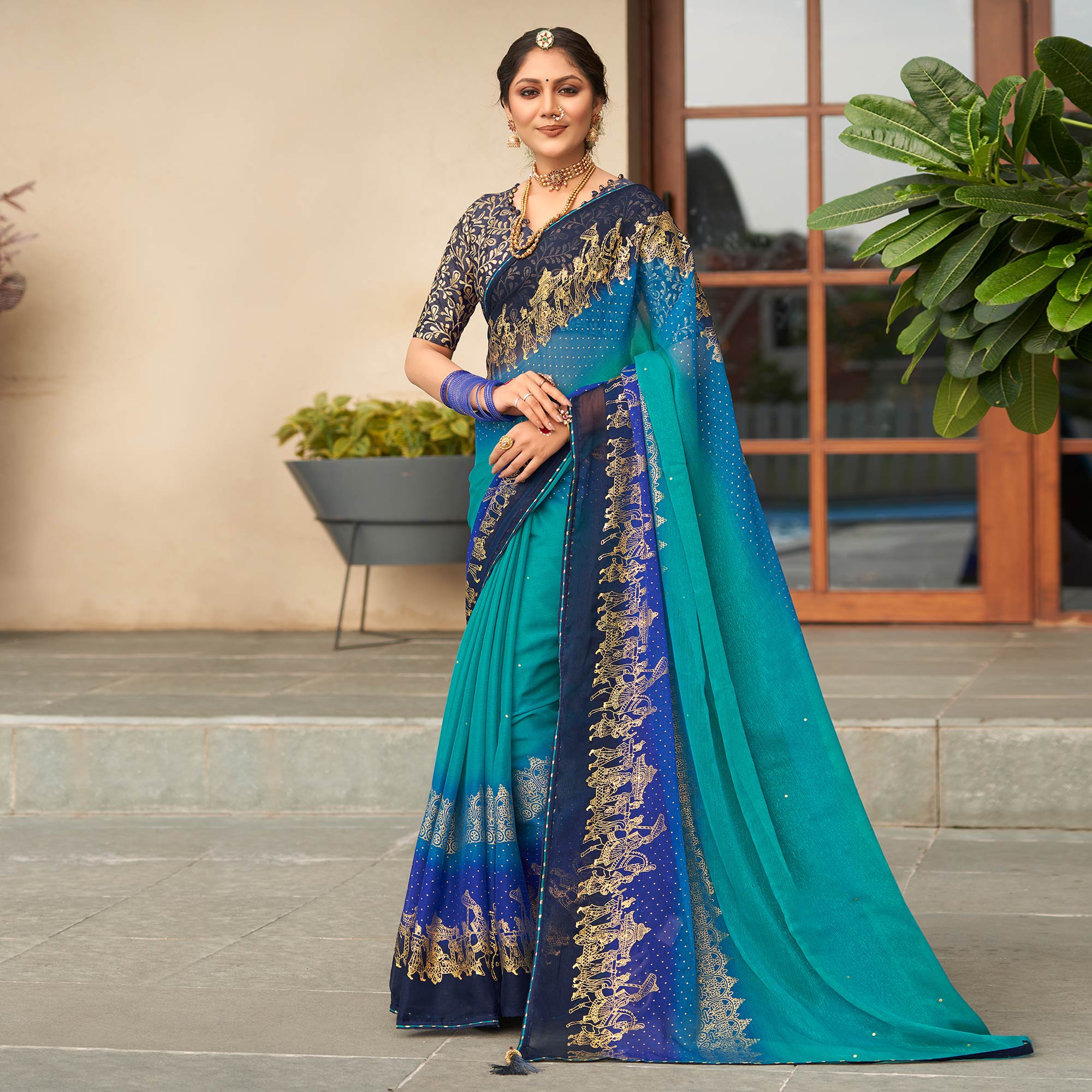 Blue Foil Printed Chiffon Saree