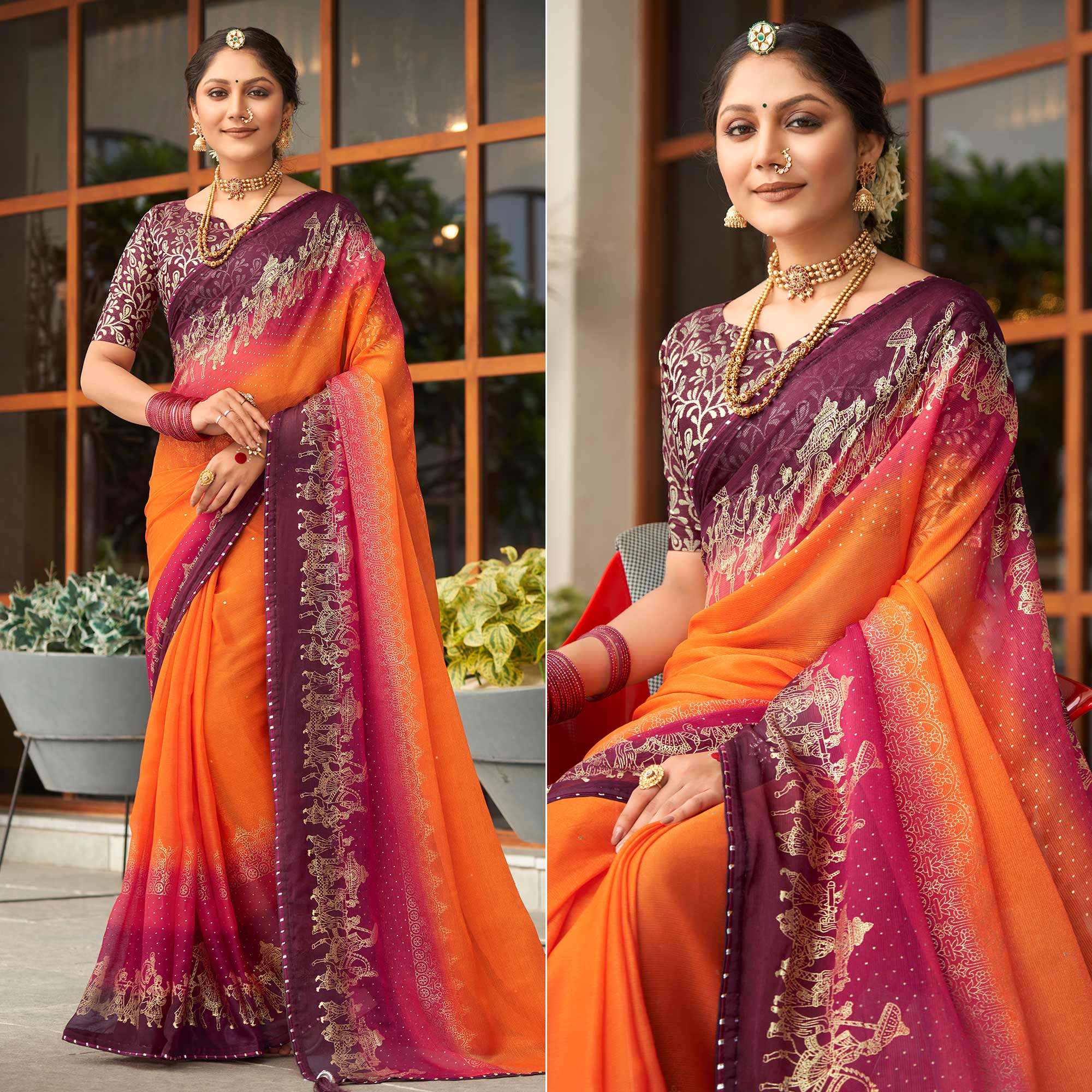 Orange & Wine Foil Printed Chiffon Saree