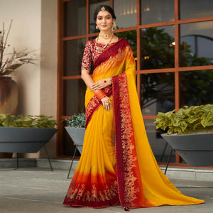 Yellow & Maroon Foil Printed Chiffon Saree