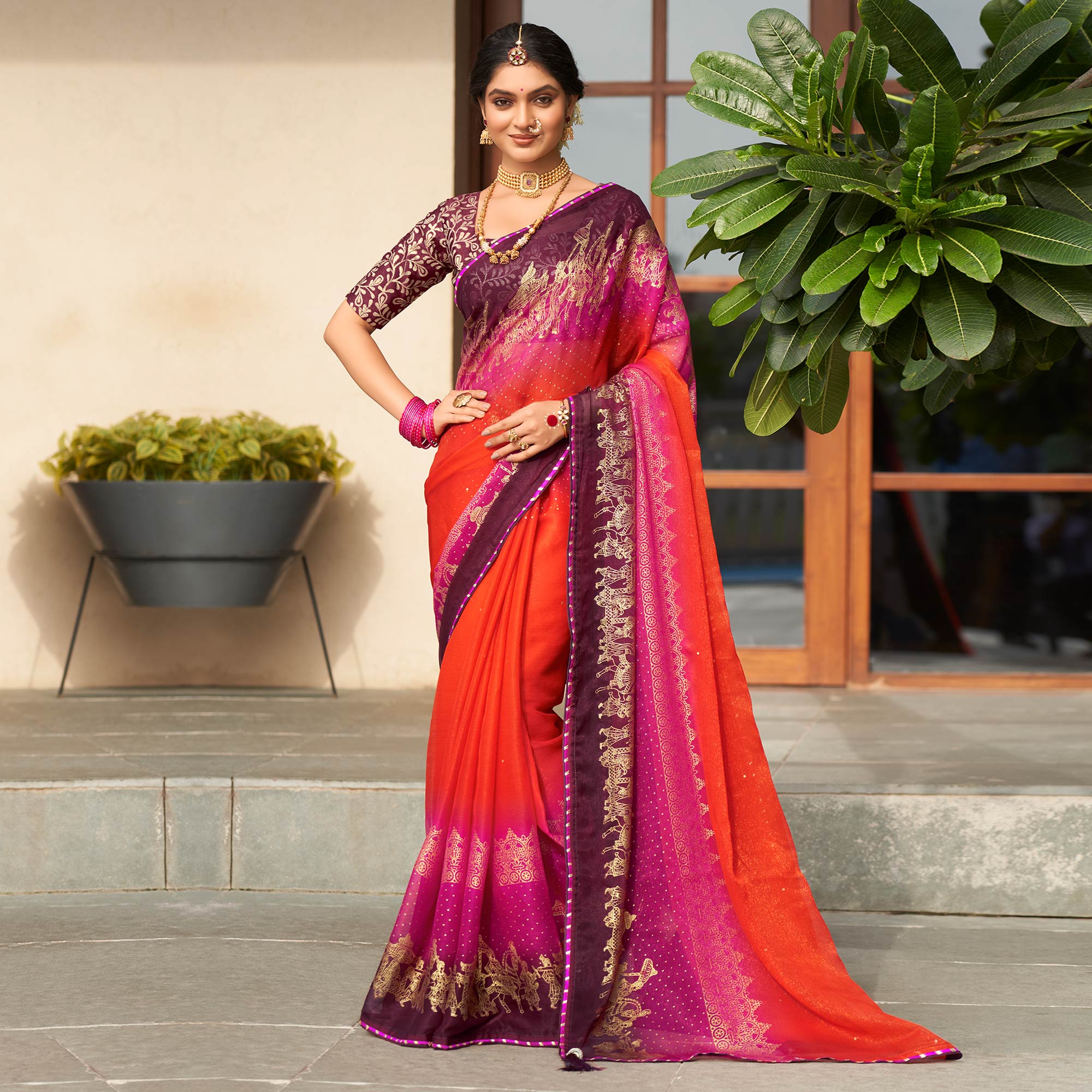 Red & Rani Pink Foil Printed Chiffon Saree