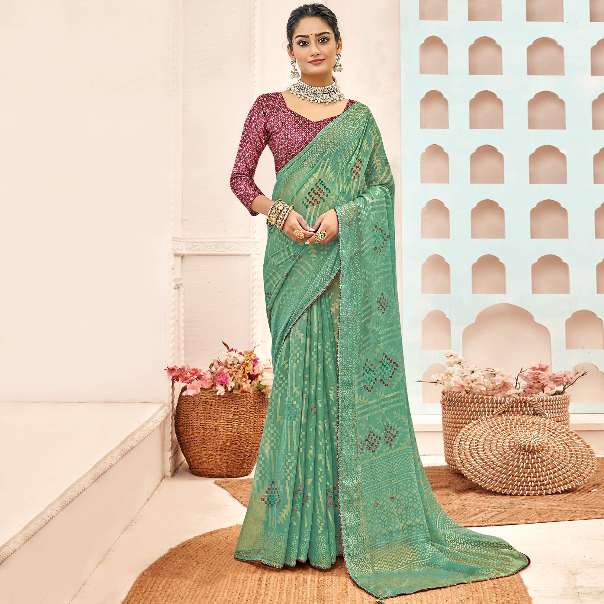 Sea Green Geometric Printed Chiffon Brasso Saree