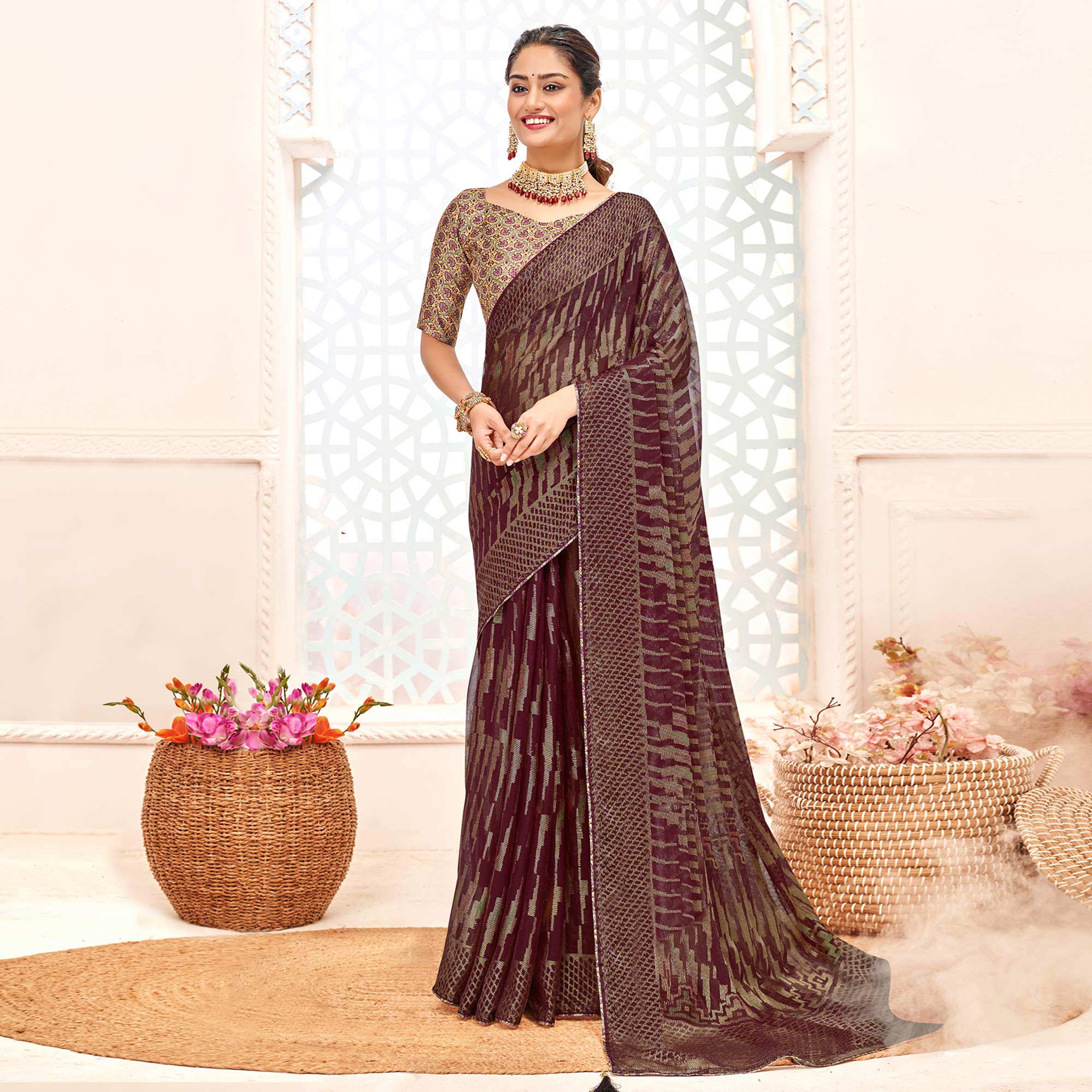 Wine Geometric Printed Chiffon Brasso Saree