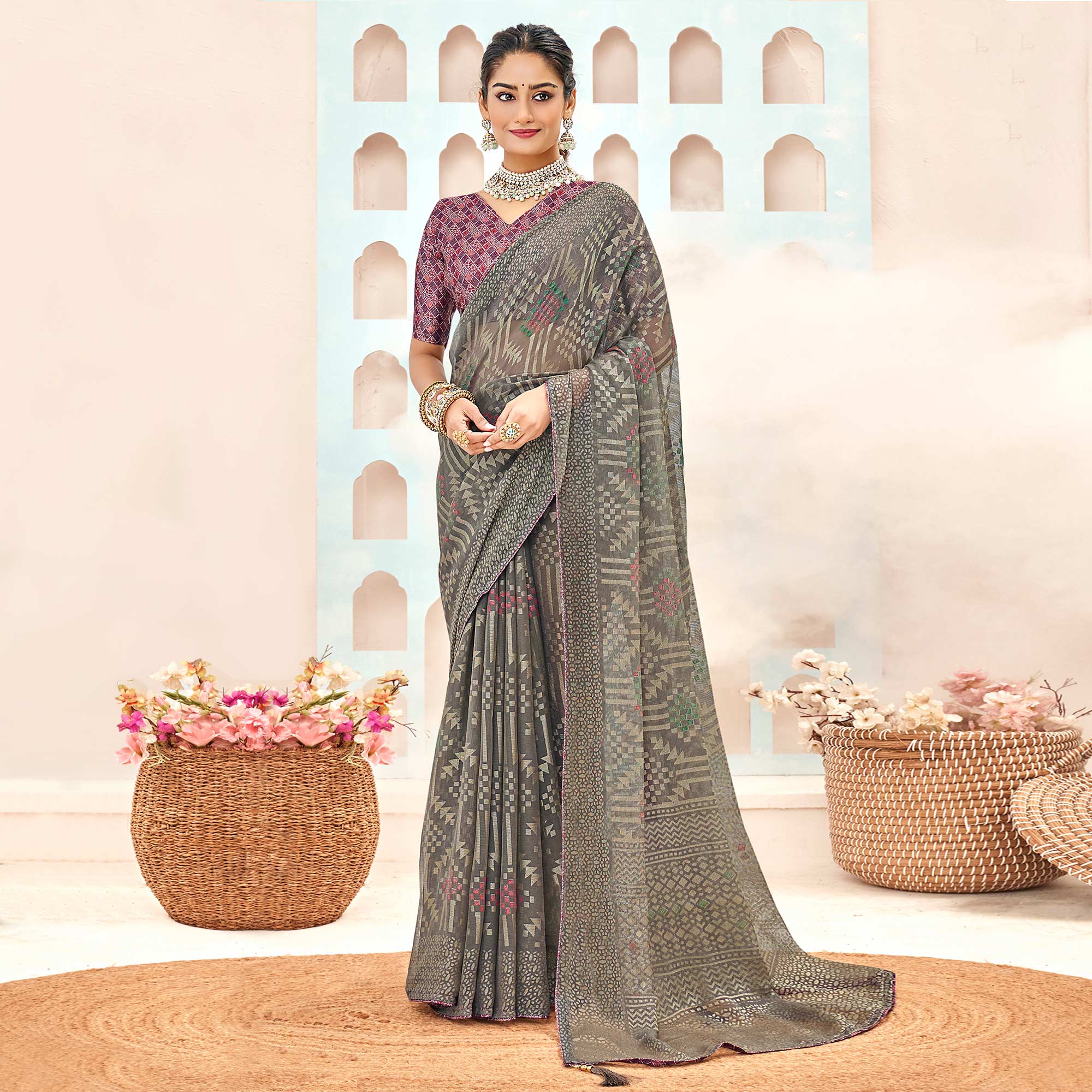 Grey Geometric Printed Chiffon Brasso Saree